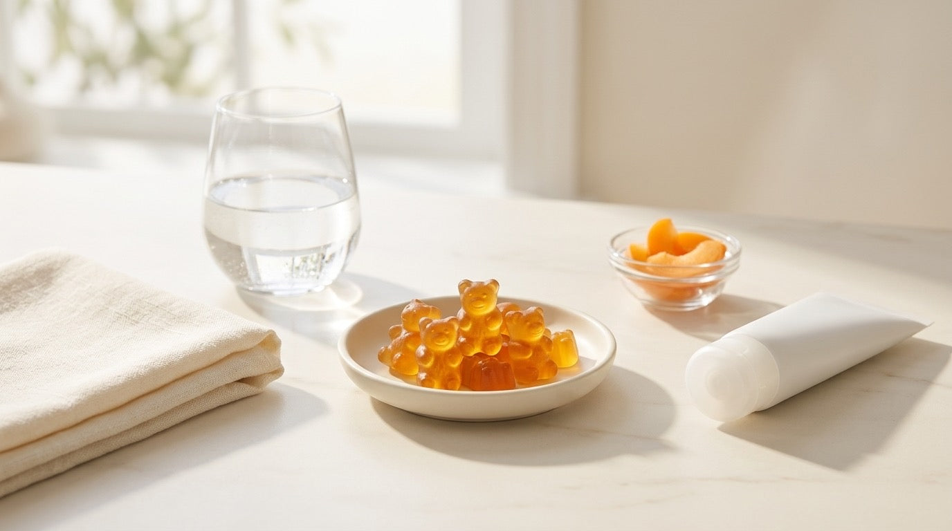 Gummies oursons orange ambré sur une routine glow pour aider le bronzage à durer