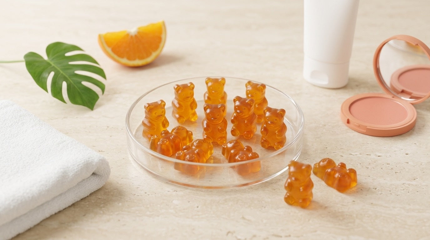 Gummies ourson orange ambré dans une routine beauté pour un teint hâlé sans soleil
